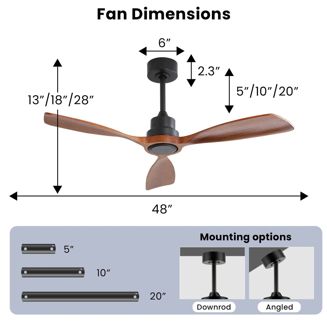 Sofucor 42"/48"/ 52"/60"Noiseless Walnut Wood Ceiling Fan with Remote Control, Integrated Light Optional