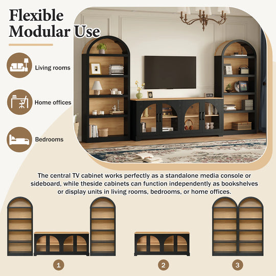 3-Piece Retro Entertainment Center for Tvs up to 70", Two-Tone Farmhouse TV Stand with Sideboard & Bookshelf