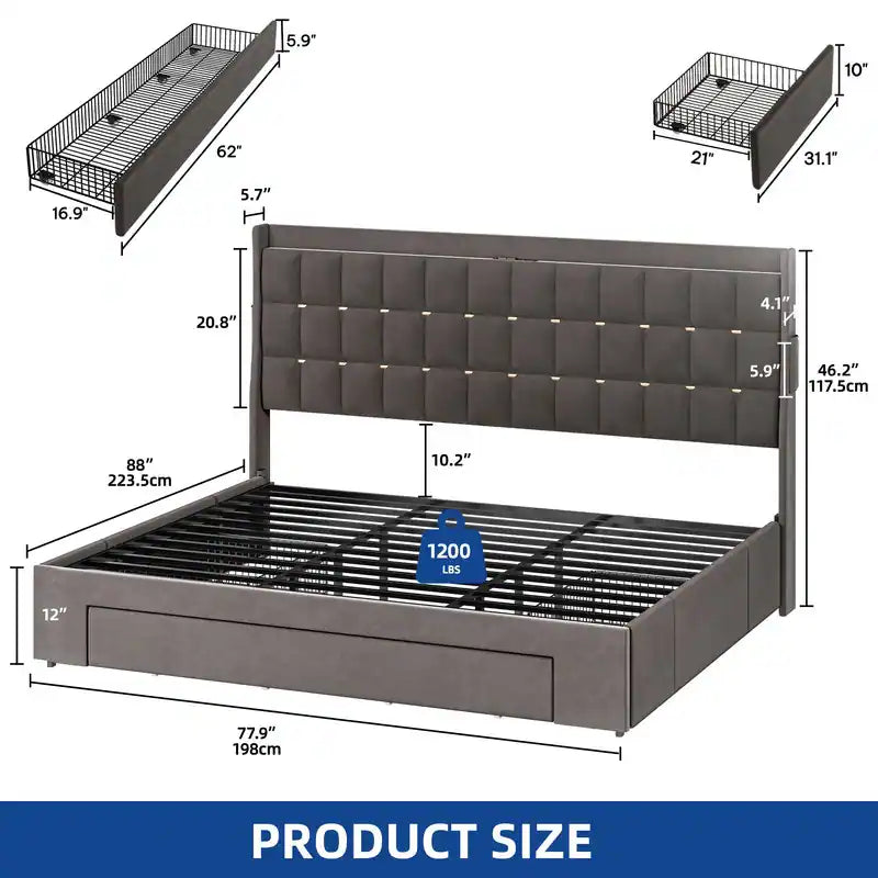 Queen/King Size Velvet Upholstered Bed with Charging Station and Storage Drawers