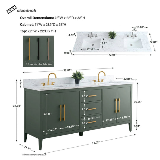 72" Double Sink Bathroom Vanity Cabinet with Engineered Marble Top