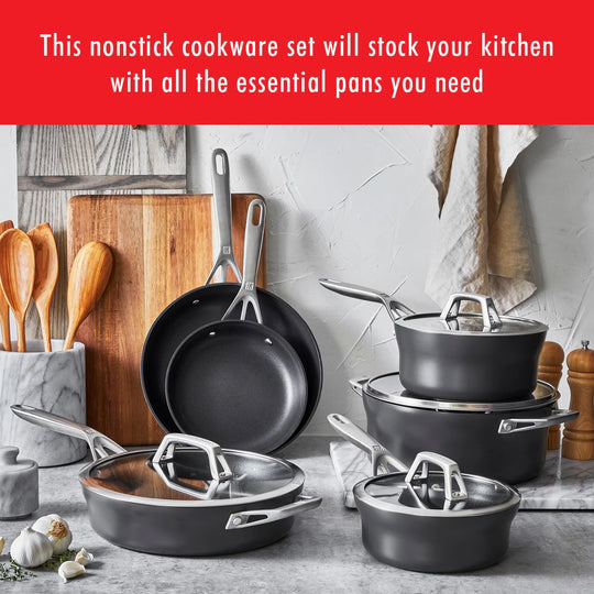 Motion Nonstick Hard-Anodized 10-Piece Cookware Set in Grey, Dutch Oven, Fry Pan, Saucepan - 10-Pc