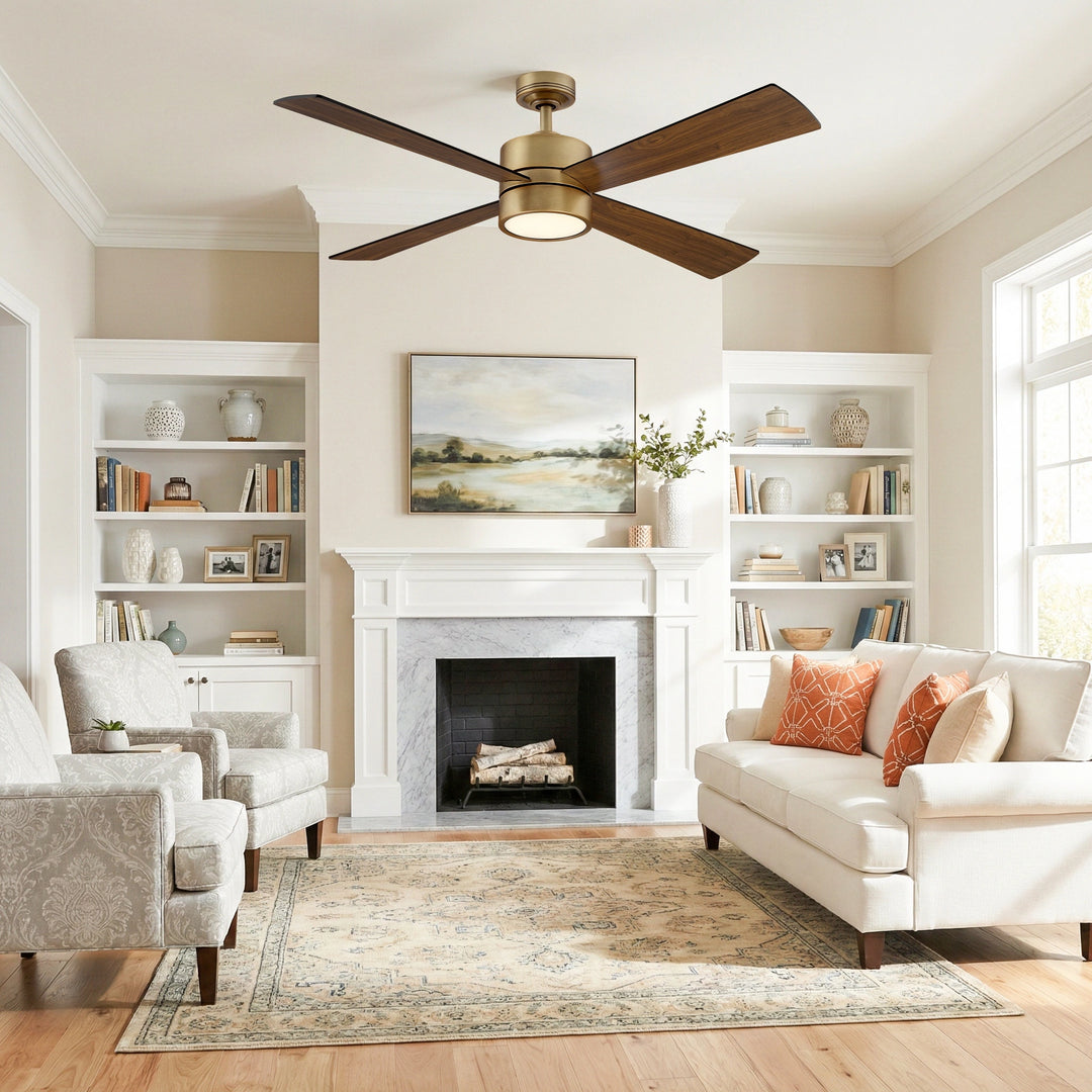 52" Antique Brass Plywood 4-Blade Indoor Ceiling Fan with Light and Remote