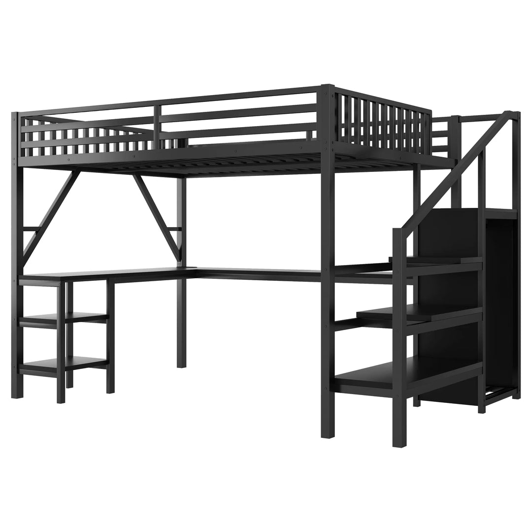 Metal Queen Loft Bed with Wardrobe and LED Light, Queen Size Loft Bed with L Shaped Desk and USB for Kids Teens Adults