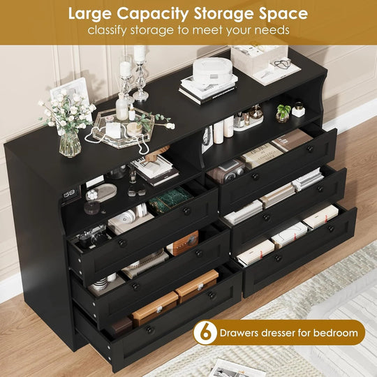 Modern 6 Drawer Dresser for Bedroom with Power Outlet and LED Light