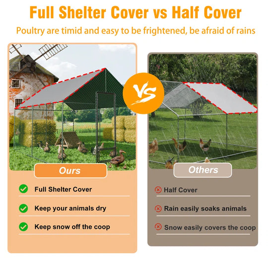 Upgraded Anti-Rust Metal Chicken Coop with Run Walkin Poultry Cage Habitat with Feeding Door, Waterproof and Snow /Rain Accumulation Prevent Cover for Backyard Farm Garden