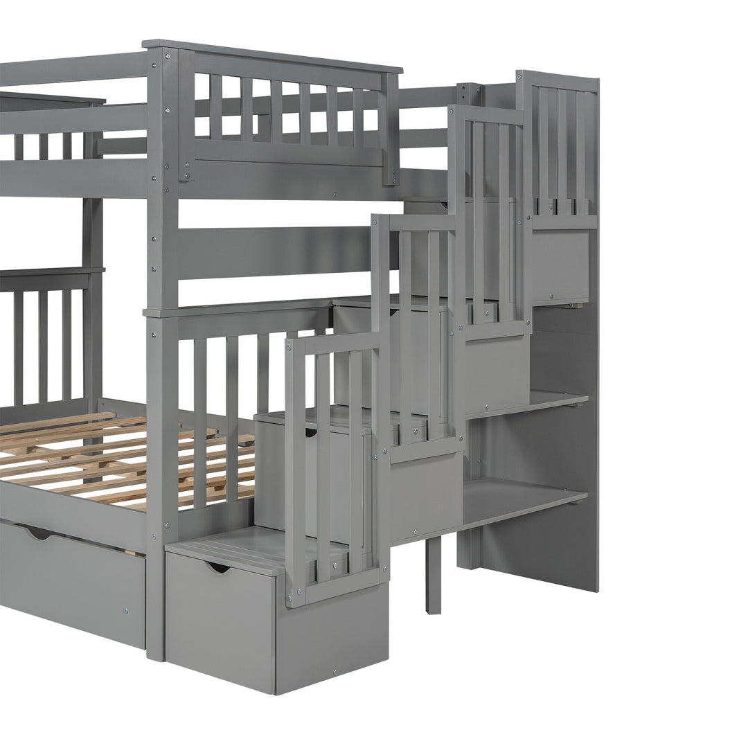 Full over Full Bunk Bed with Shelves and 6 Storage Drawers, Gray