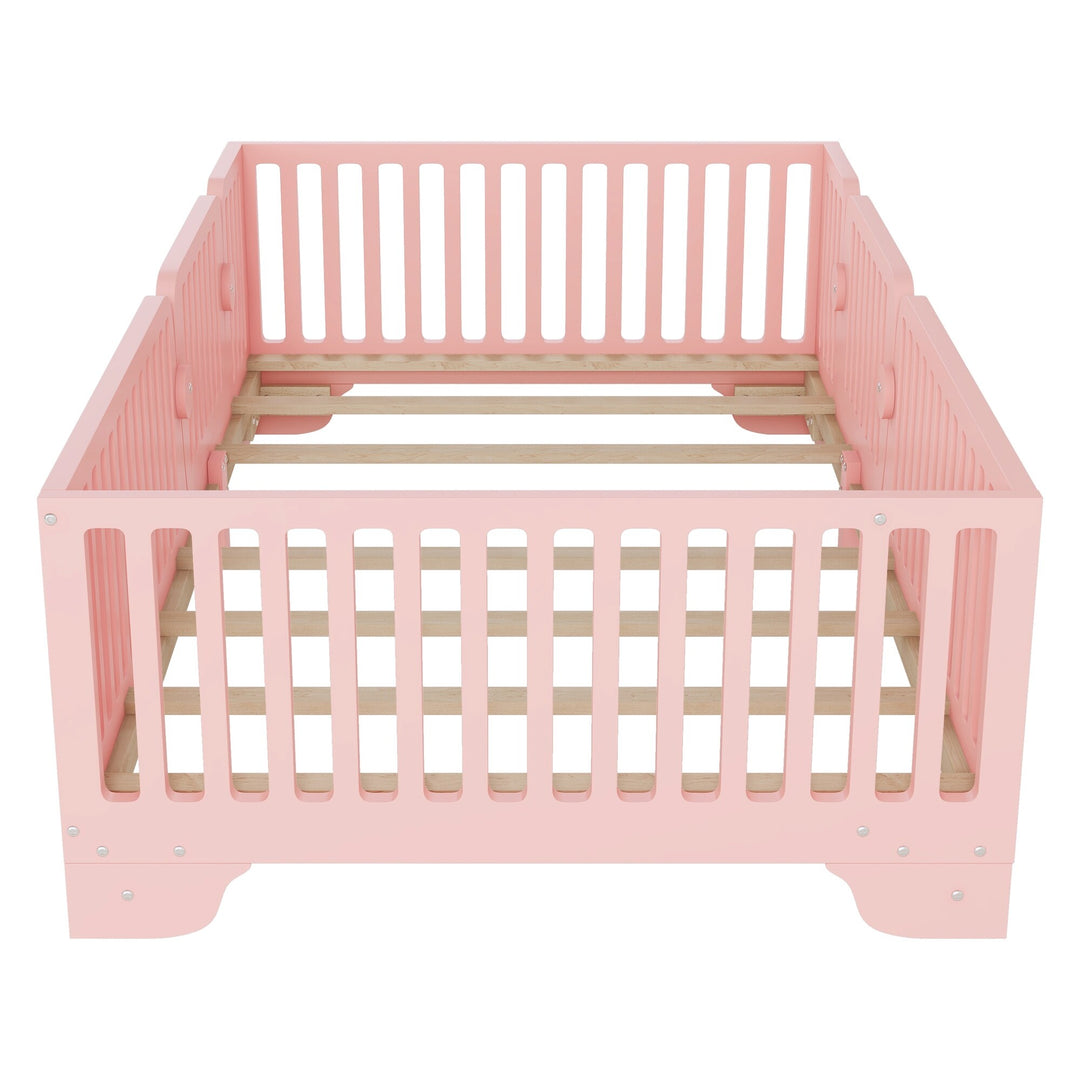 Full Size Montessori Floor Bed Frame with Safety Rails and Removable Door, Low Profile Kids Bed with Slatted Support