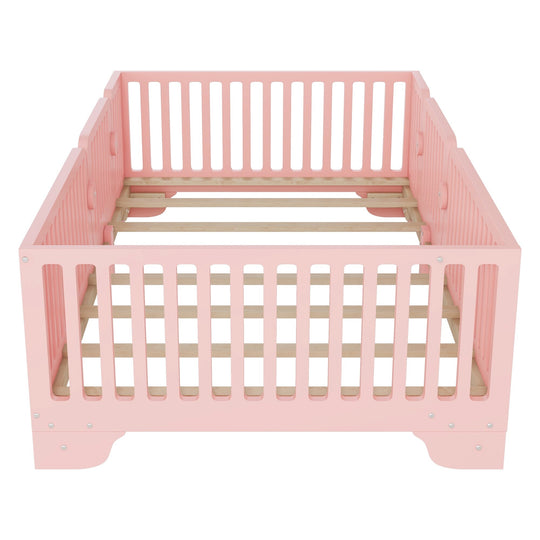 Full Size Montessori Floor Bed Frame with Safety Rails and Removable Door, Low Profile Kids Bed with Slatted Support