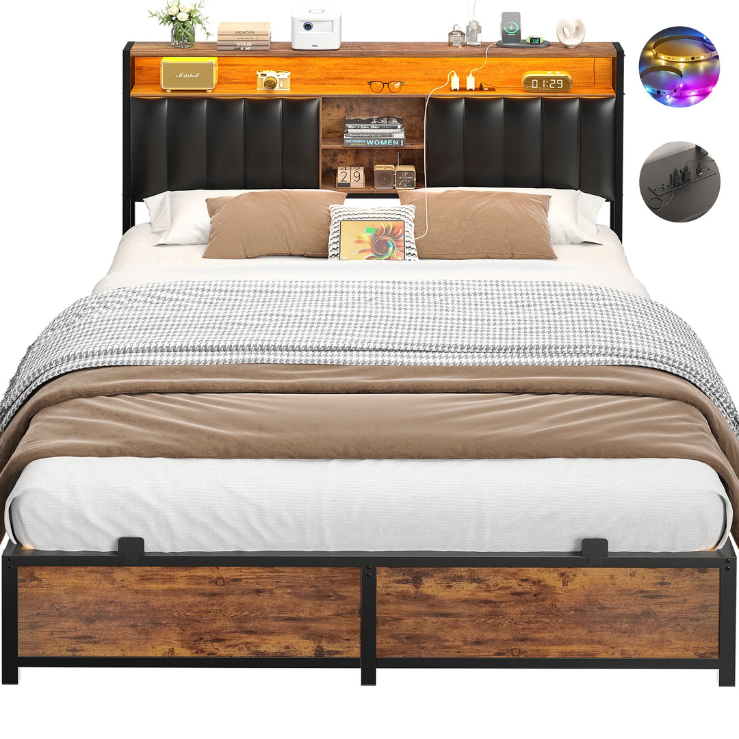 Upholstered Bed Frame with Storage Shelving, Platform Beds with Charge Station and LED Lights