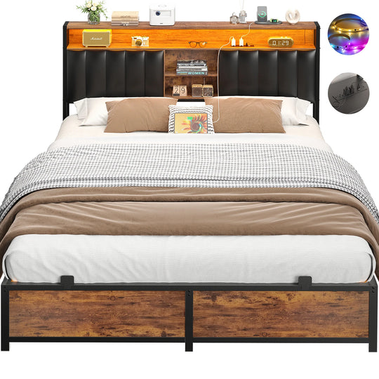 Upholstered Bed Frame with Storage Shelving, Platform Beds with Charge Station and LED Lights