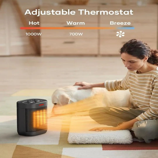 Small Space Heater for Indoor Use, PTC Electric Heater for Bedroom, 1000W Fast Heating with Thermostat