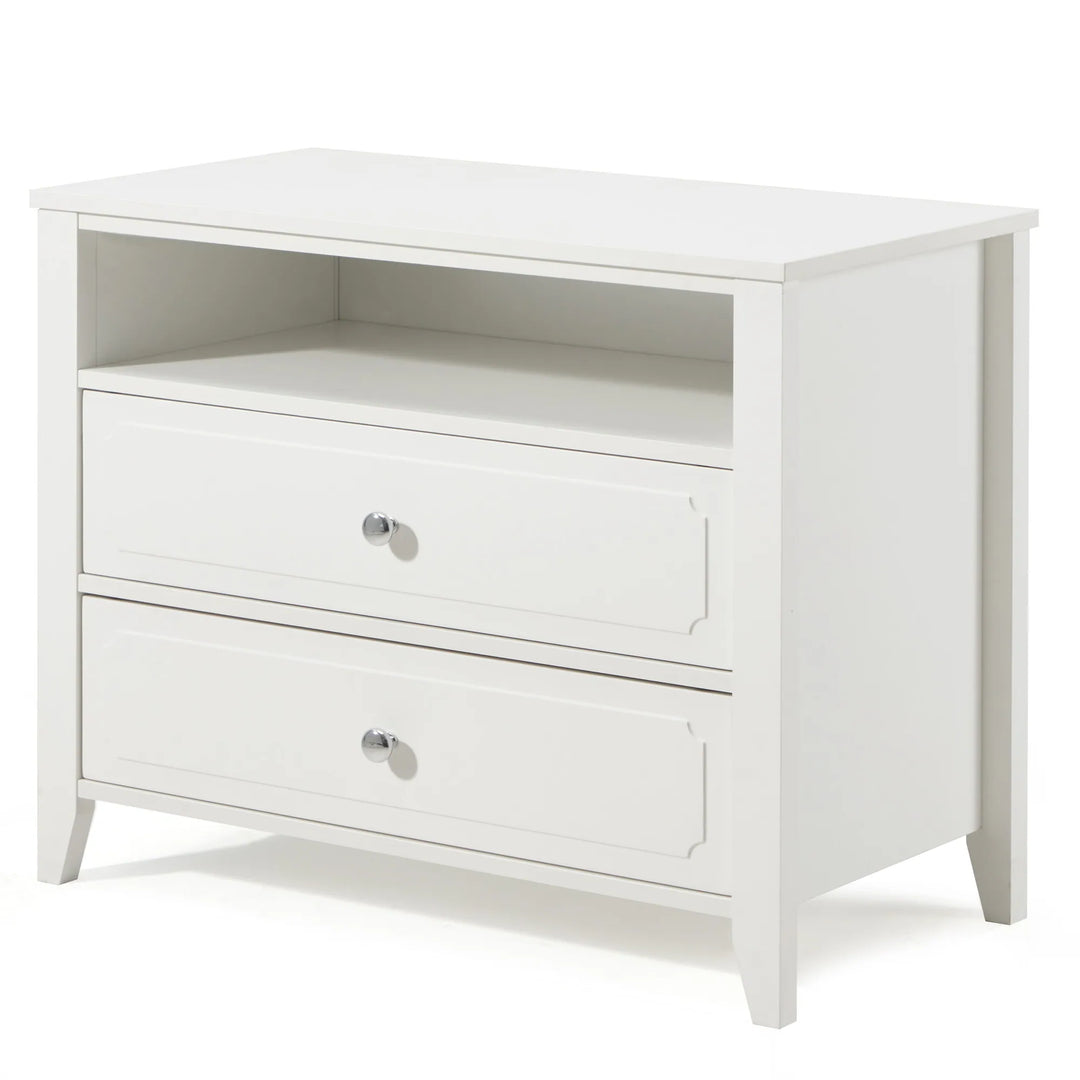 Wide Nightstand – 2‑Drawer Bedside Table with Open Shelf, MDF Wood End Table for Bedroom Living Room