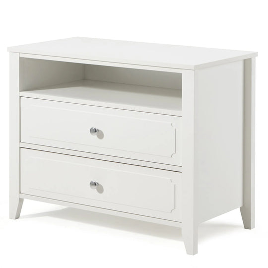 Wide Nightstand – 2‑Drawer Bedside Table with Open Shelf, MDF Wood End Table for Bedroom Living Room