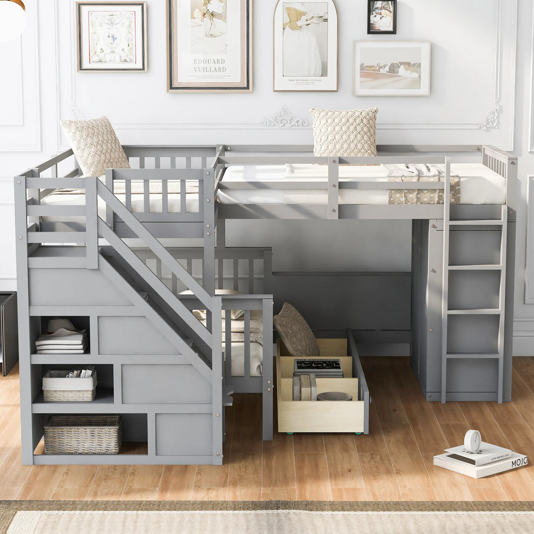 L-Shaped Bunk Bed with Three Drawers, Portable Desk and Wardrobe, Twin-Twin over Full Design