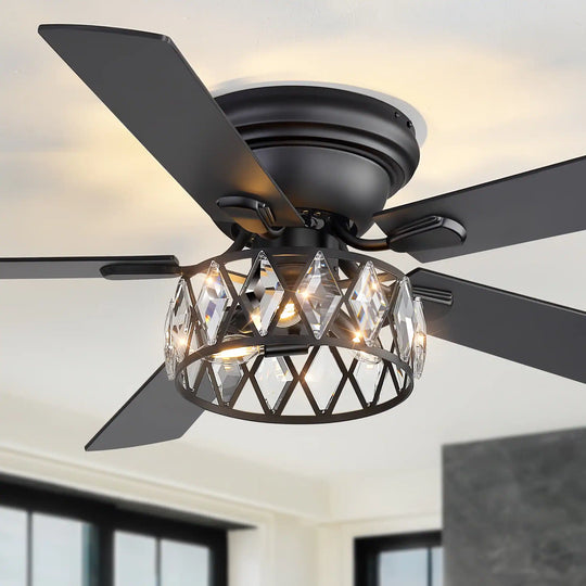 52" Flush Mount 5-Blade Modern Crystal Indoor Ceiling Fan with Light Kit and Remote