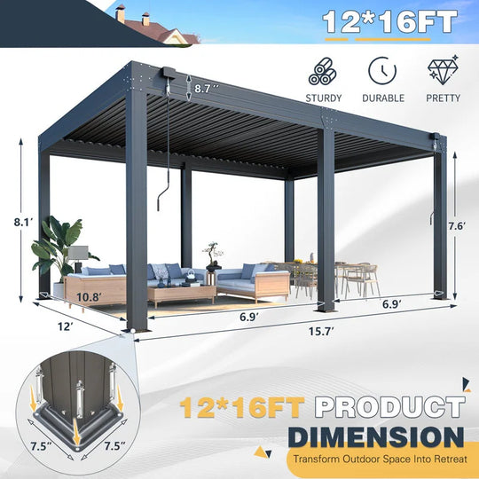 Outdoor Louvered Pergola Gazebo with Adjustable Aluminum Rainproof Roof and Pull-Down Screen