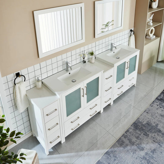 96" Double Sink Bathroom Vanity Set 10 Dove-Tailed Drawers, 3 Cabinets, 2 Shelves Soft-Closing Doors with Free Mirror