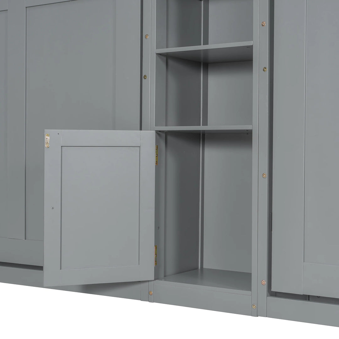 Dual Twin Size Wall Murphy Beds with Cabinets and Shelves, Space-Saving Design