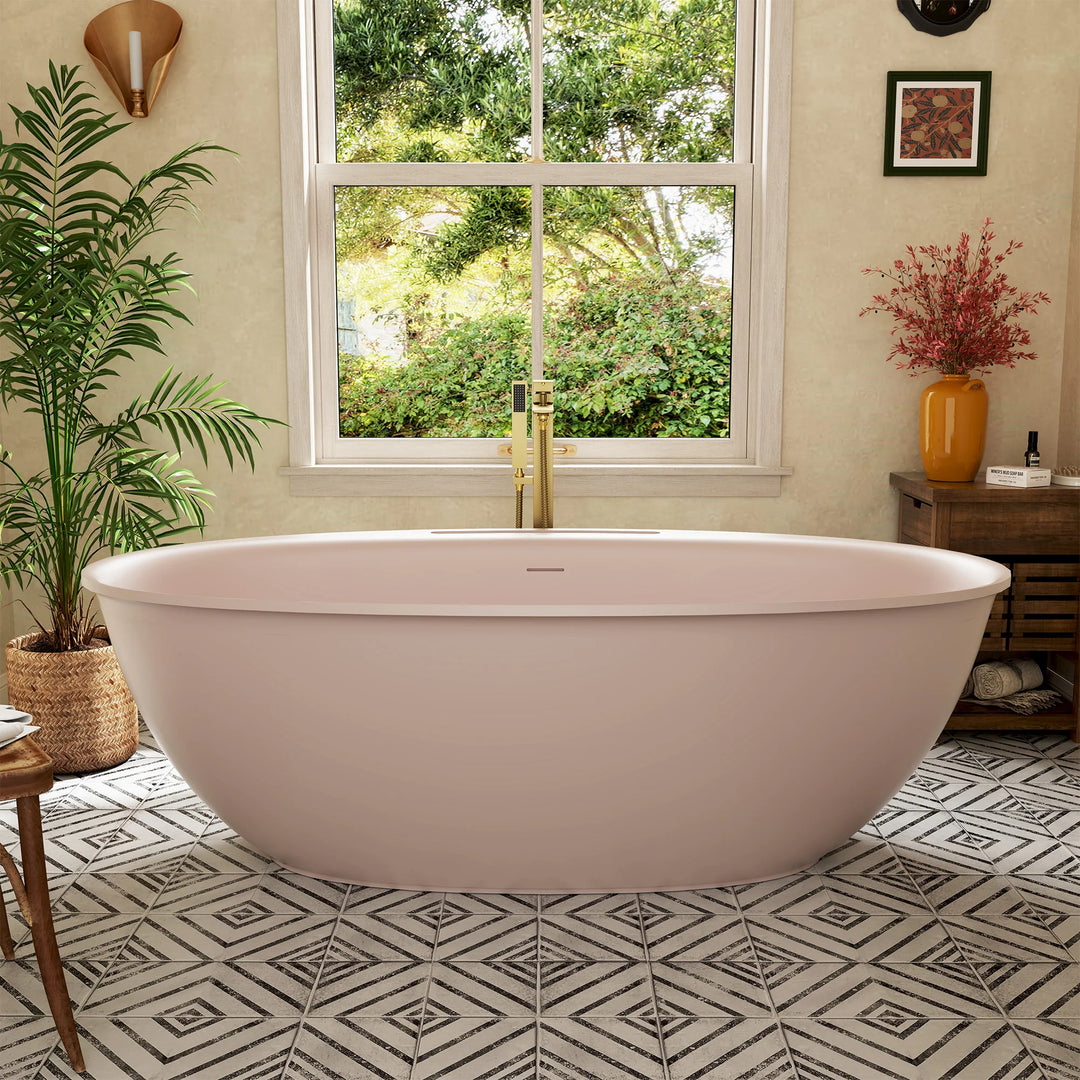 Luxury Flatbottom Solid Surface Freestanding Soaking Bathtub with Discreet Towel Slot and Drain Assembly