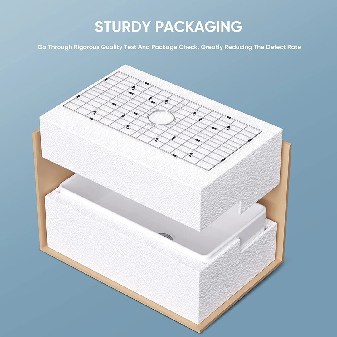 White Fireclay 33 In. L X 18 In. W Rectangular Single Bowl Farmhouse Apron Kitchen Sink with Grid and Strainer