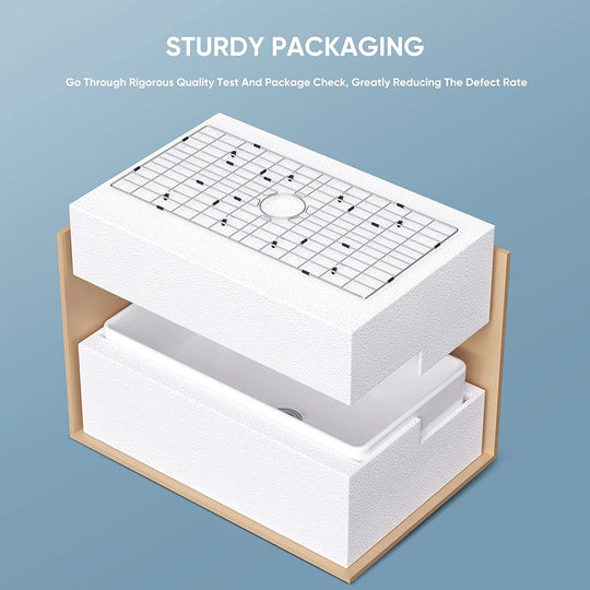 White Fireclay 33 In. L X 18 In. W Rectangular Single Bowl Farmhouse Apron Kitchen Sink with Grid and Strainer