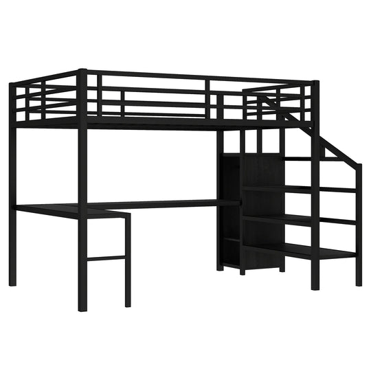Queen Size Loft Bed with L-Shaped Desk and USB, Metal Loft Bed with Wardrobe and Adjustable Shelf, High Loft Bed with LED