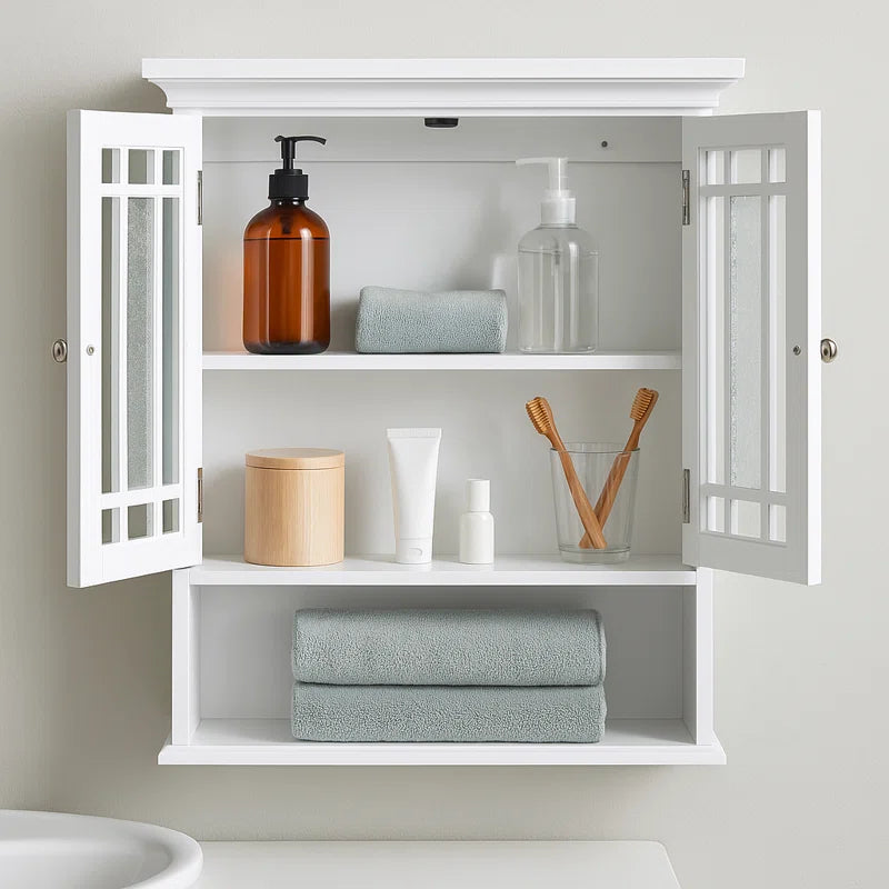Caleb Removable Two-Door Wall Cabinet with Glass Mosaic Doors, Adjustable Shelf for Bathroom or Home Storage