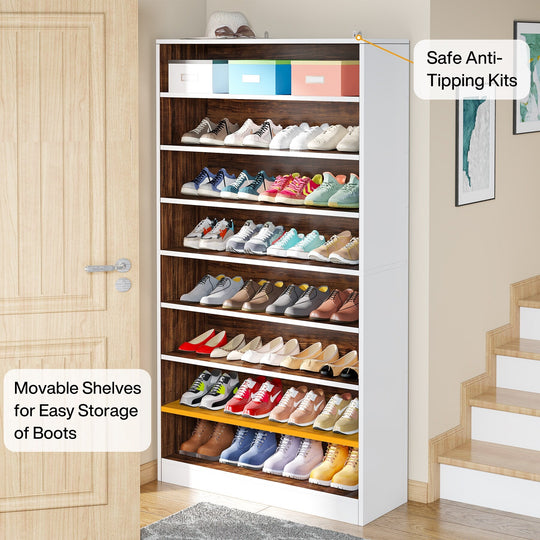 9 Tiers Shoe Cabinet 40-45 Pairs Heavy Duty Wood Freestanding Shoe Storage Cabinet with Open Storage for Entryway