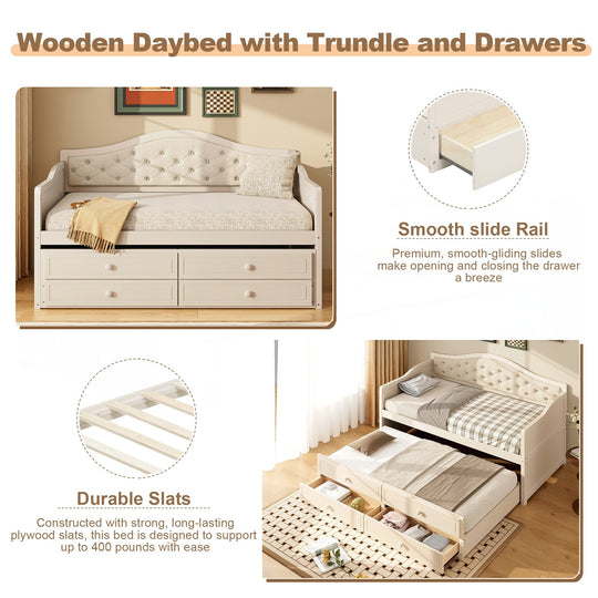 Twin Daybed with Trundle, Twin Size Daybed with 2 Storage Drawers, Wooden Sofa Bed with Upholstered Button Tufted Backrest