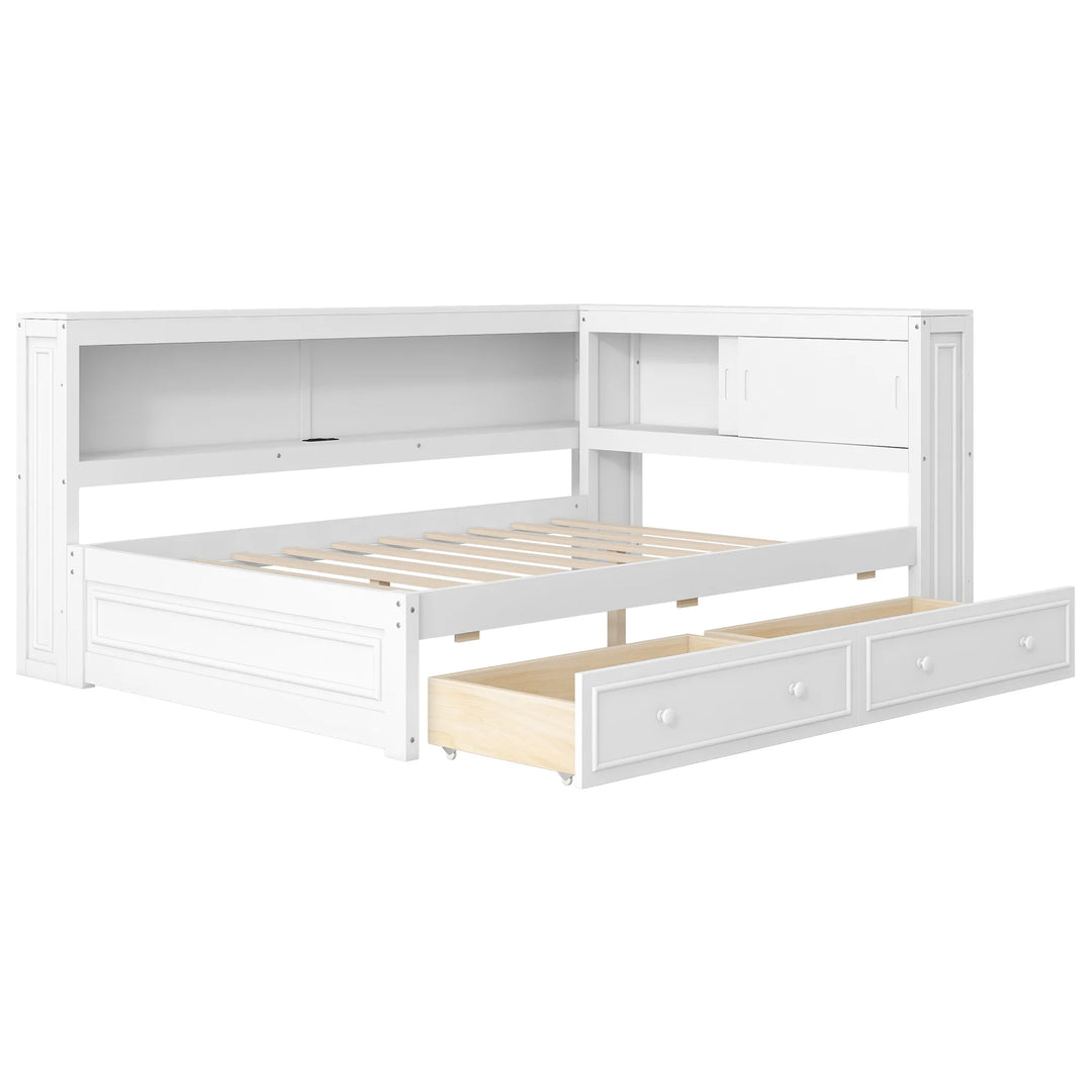 Full Size Wood Daybed with Storage Shelves, USB, LED, and 2 Drawers