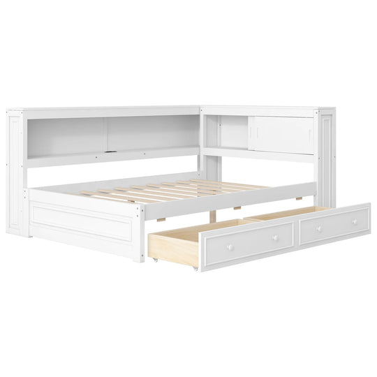 Full Size Wood Daybed with Storage Shelves, USB, LED, and 2 Drawers