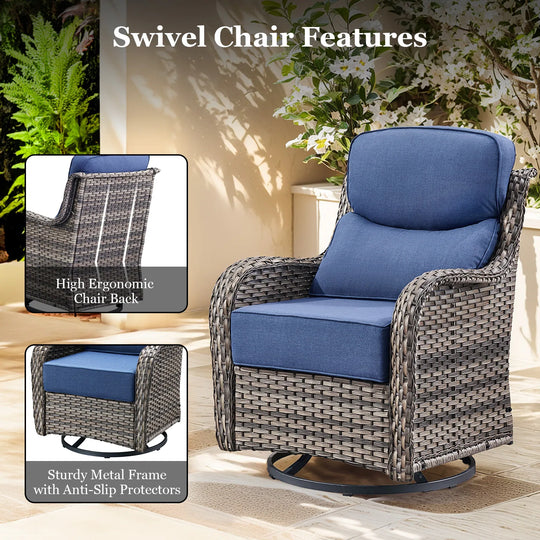 Outdoor Patio Sofa Swivel Chair with 6-Inch Thick Cushions Set