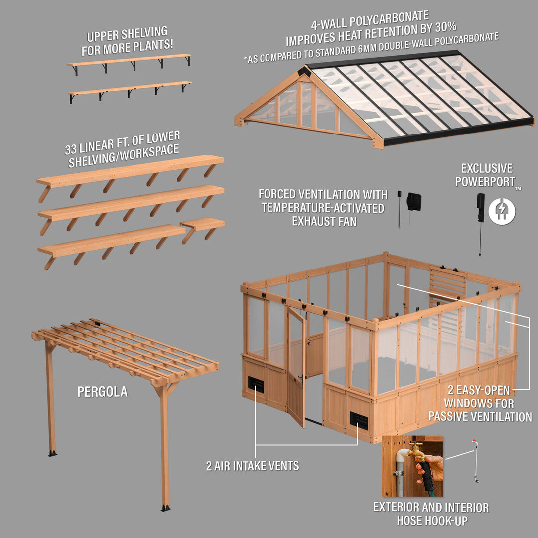 Bellerose XL 13'X11' Cedar Wood Greenhouse, Pergola - 13 X 11