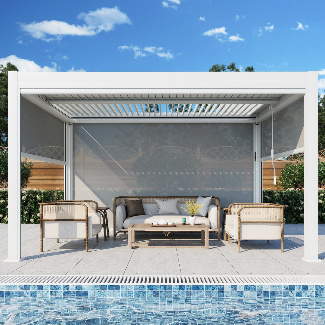 Outdoor Louvered Pergola Gazebo with Adjustable Aluminum Rainproof Roof and Pull-Down Screen