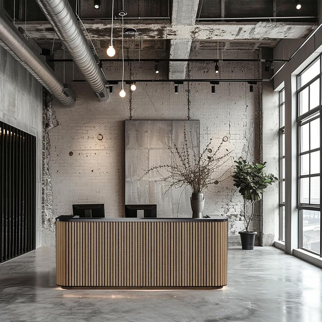 WESOME 70.87In Mid Century Curved Reception Desk with Cable Box LED Light