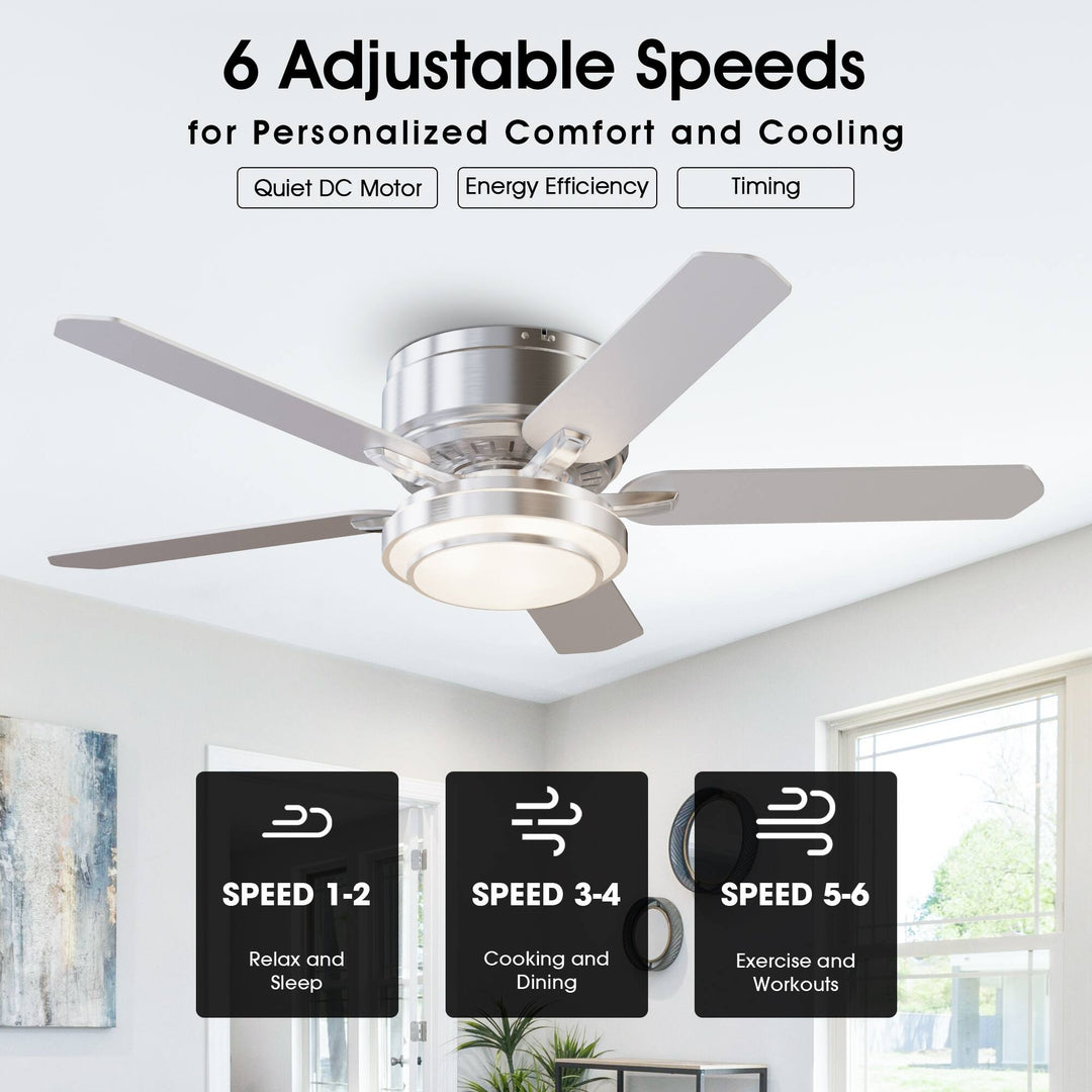 Vaczon 52" Brushed Nickel 5-Blade Modern Flush Mount Smart Ceiling Fan with Light and App