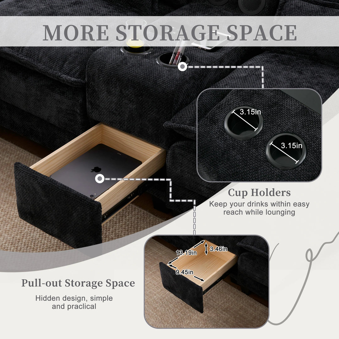6-Seat Chenille Upholstered Modern U-Shaped Sectional Multifunctional Sofa with 2 Cup Holders,Pull-Out Storage Space