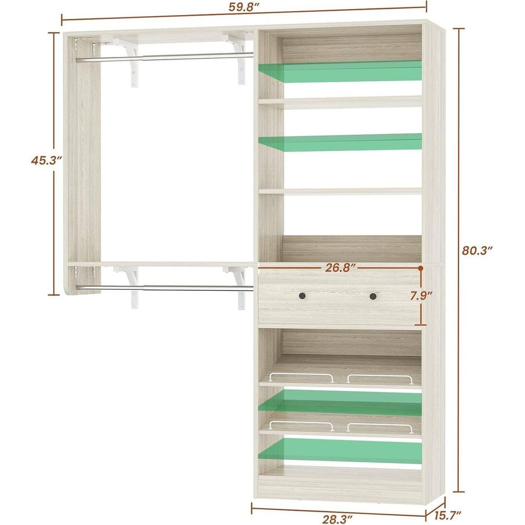 5FT Closet System with 2 Hanging Rods and Wooden Drawer, Walk-In Closet Organizer with 2 Wing Shelve and Adjustable Rack Shelves