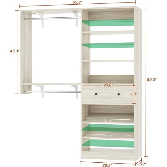 5FT Closet System with 2 Hanging Rods and Wooden Drawer, Walk-In Closet Organizer with 2 Wing Shelve and Adjustable Rack Shelves