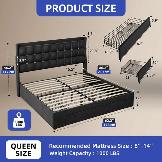 Queen/King Size Velvet Upholstered Bed with Charging Station and Storage Drawers