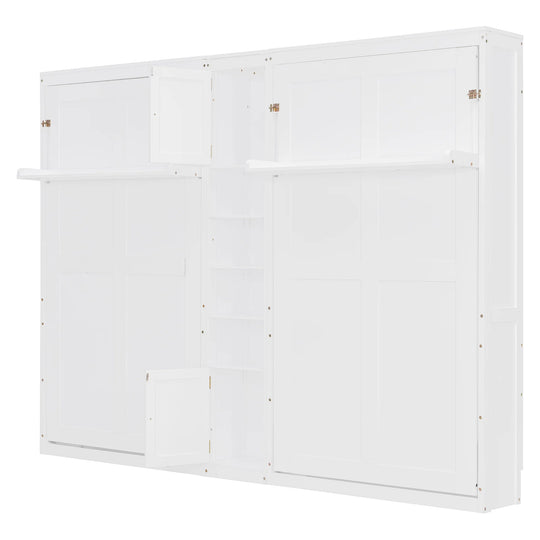 Dual Twin Size Wall Murphy Beds with Cabinets and Shelves, Space-Saving Design