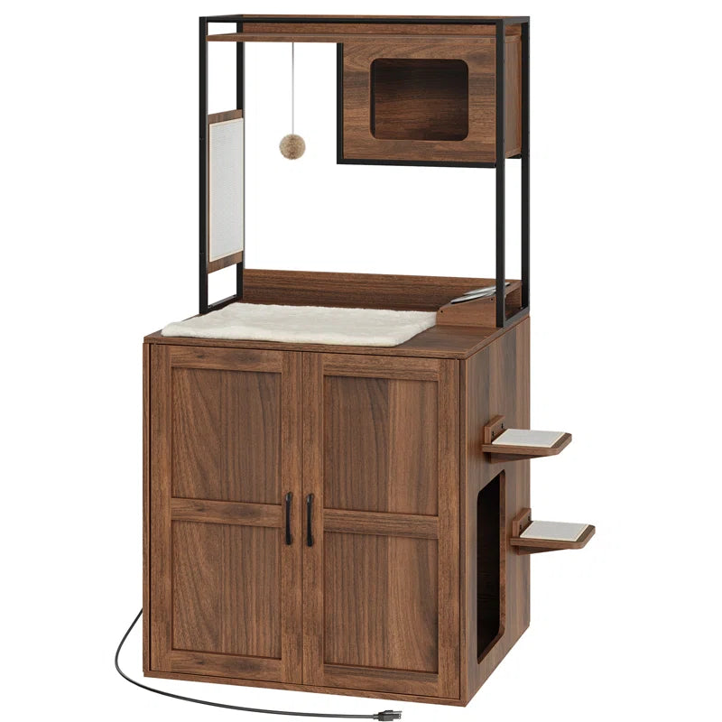 Cat Tower with Litter Box Enclosure with Shelves and Charging Station