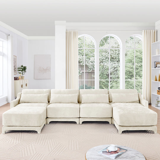 Modern Chenille 4-Seater Sofa with 2 Ottoman, Lumbar Cushions, Ergonomic Backrest, High-Resilience Spongeand Tufted Armrests