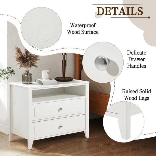 Wide Nightstand – 2‑Drawer Bedside Table with Open Shelf, MDF Wood End Table for Bedroom Living Room