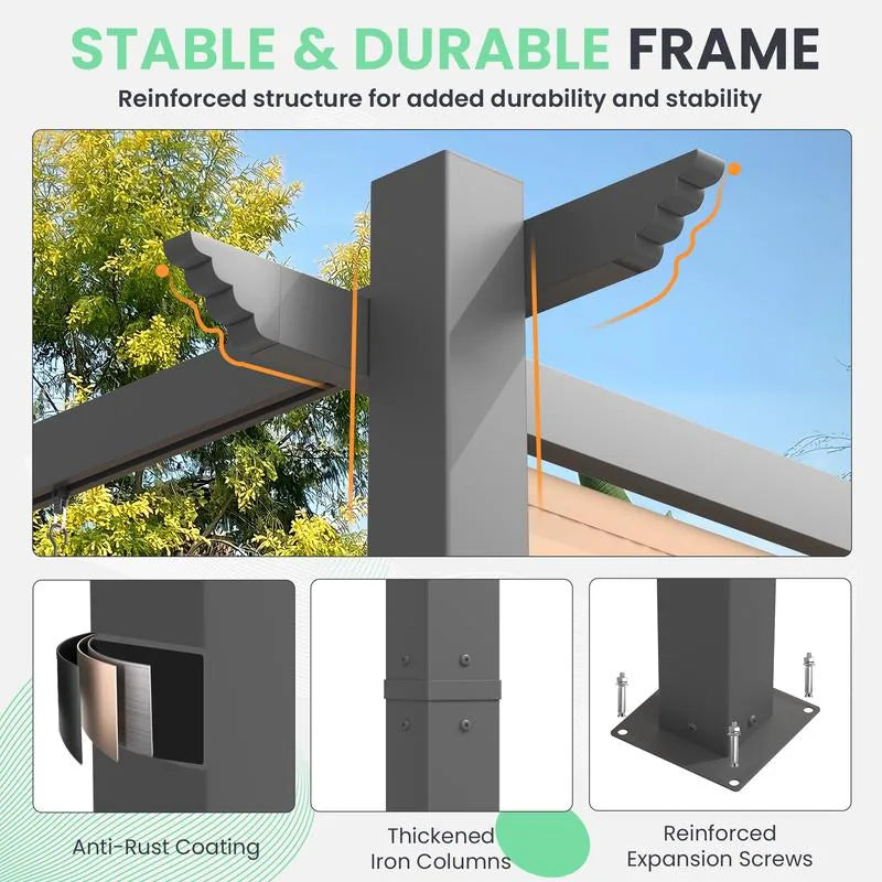 10' X 13' Outdoor Pergola with Retractable Canopy, Heavy-Duty Metal Frame and Adjustable Patio Shade Roof