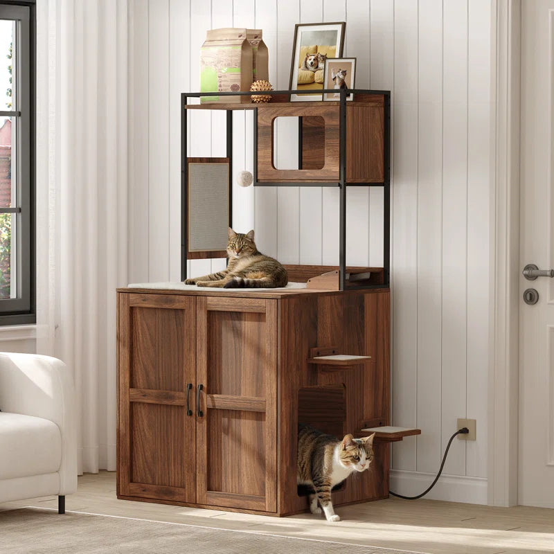 Cat Tower with Litter Box Enclosure with Shelves and Charging Station