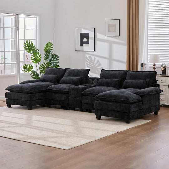 6-Seat Chenille Upholstered Modern U-Shaped Sectional Multifunctional Sofa with 2 Cup Holders,Pull-Out Storage Space