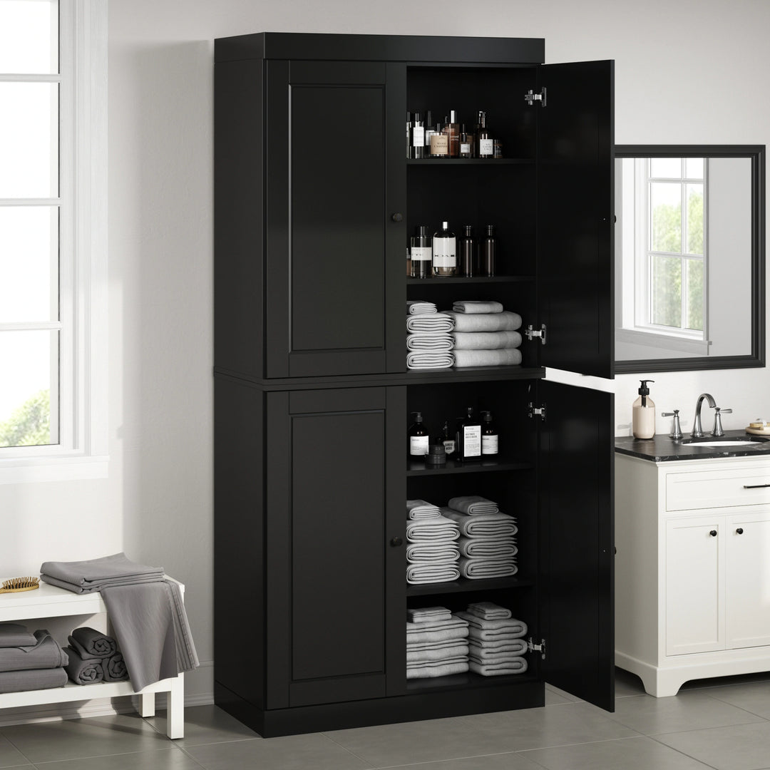 100% Solid Wood Bathroom & Laundry Storage Cabinet, Raised Panel Doors, Adjustable Shelves, 32" Wide, 71.5" Tall