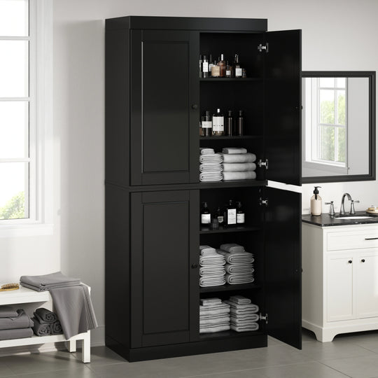 100% Solid Wood Bathroom & Laundry Storage Cabinet, Raised Panel Doors, Adjustable Shelves, 32" Wide, 71.5" Tall