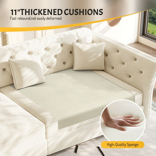 100" Velvet Convertible Sofa Bed with with Fabric Flower Tufted Design